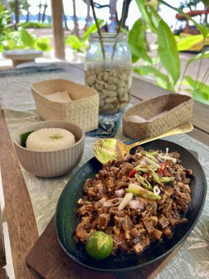 Sizzling tofu and mushrooms with plain rice   at PLNT+HRVST in El Nido
