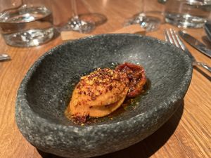 Tomato in various ways: ice cream, crumble, roasted and oil  at Wolfs Junge in Hamburg