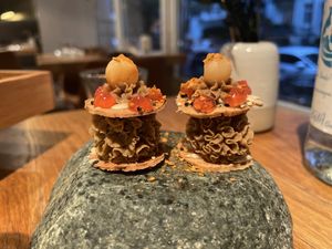 Lentil puree towers  at Wolfs Junge in Hamburg