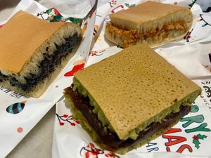 Black sesame, peanut, and red bean fillings (red bean in a green tea pancake) at Munchi Pancakes in Central Singapore