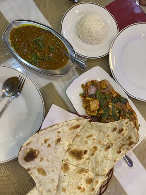Fried tofu with cashews, mushroom matter, rice and naan   at Govinda's Restaurant in Phuket