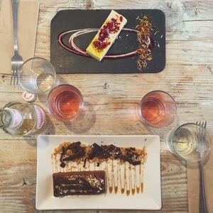 Raw lemon cake and chocolate/salted caramel cake. at Nama Artisan Raw Foods in West London