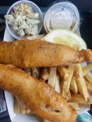 Fish and chips, the slaw was very good and fish was decent but oily for my liking at Oh My Cod - Vegan Seafood in Palm Coast