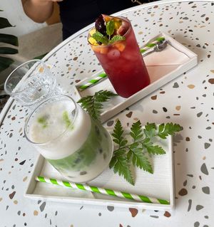 Oat matcha latte and a fruit tea   at 25s Cafe in Hoi An