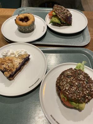 Avo sandwiches, muffin, blueberry pie  at Espresso House in Kuopio
