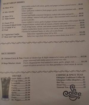 menu at Gojo Ethiopian in Nashville