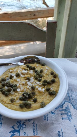 Crema di fava ottima at Mesa Pigadia Taverna in Santorini