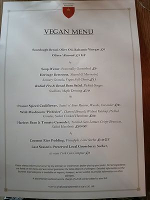 Menu at York Minster Refectory in York