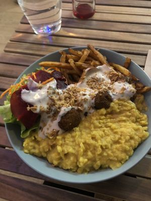 Delicious Dahl Curry plate + fries + salad  at Le Lapin Noir in Rennes