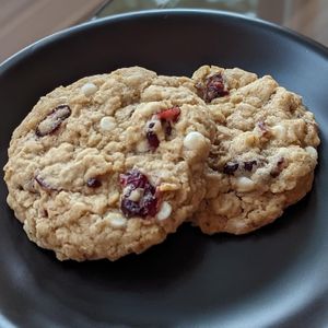 Vegan cranberry-white chocolate oatmeal cookies (homebaked selections rotate weekly) at ContempoRoast Coffee & Roastery in Centerville