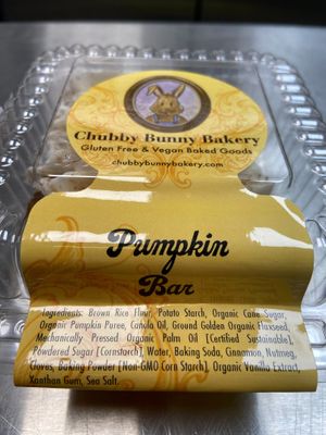 Chubby Bunny pumpkin bar (a moist iced pumpkin cake with a generous layer of frosting) at ContempoRoast Coffee & Roastery in Centerville