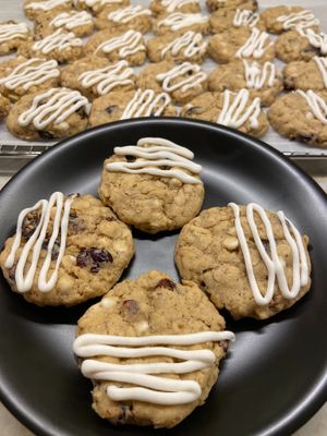 Gluten-free vegan cranberry-oat-white chocolate cookies, made by the owner at ContempoRoast Coffee & Roastery in Centerville