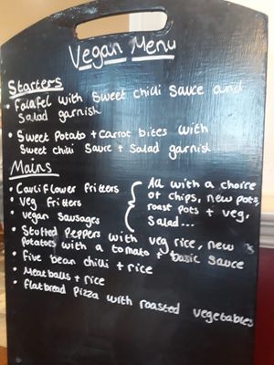 The vegan menu (2nd July 2021) at The Crossroads Inn in Halifax