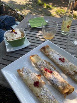 Sweet meals: Apple crumble and chocolate pancakes  at Jennys Æblehaven in Nexo