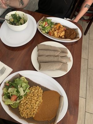 Bersi salad, Tofu tibs, Yellow split peas dish  at Bersi Ethiopian Restaurant in Brooklyn