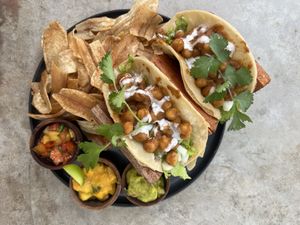 Masala chickpea crispy tacos with plantain chips   at Abrazo in Trincomalee