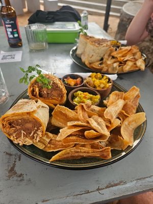 Vegan jackfruit burrito with plantain crisps! at Abrazo in Trincomalee