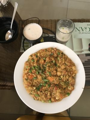 Millet kichidi with vegan “raita” & “buttermilk” at Carrots - Cloud Kitchen in Bangalore