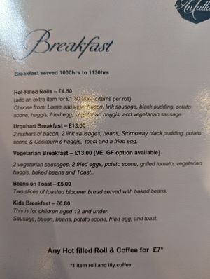 Breakfast menu at An Talla in Inverness