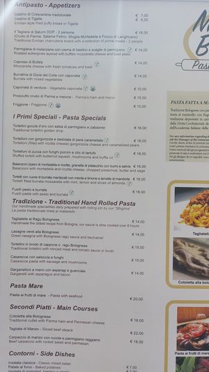 Menu at Mattarello in Bologna