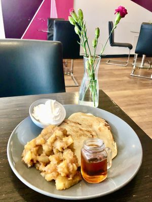 Coconut pancakes with apple and cinnamon compote   at Kook in Bangor