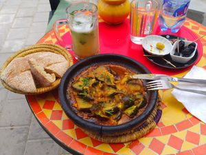Eggplant tangine and lemon juice at Shyadma's Vegan Food in Essaouira
