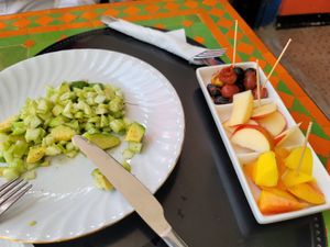 Cucumber salad with avocado and free appetizer at Shyadma's Vegan Food in Essaouira