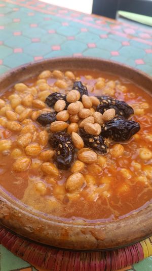 Tajine cheakpie, prunes and almonds at Shyadma's Vegan Food in Essaouira