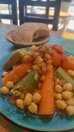 Cus cus with chekpea and risins at Shyadma's Vegan Food in Essaouira