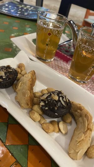 our dessert, mint tea and delicious vegan pastry  at Shyadma's Vegan Food in Essaouira