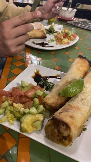 spring rolls and pastilla, our main dishes  at Shyadma's Vegan Food in Essaouira
