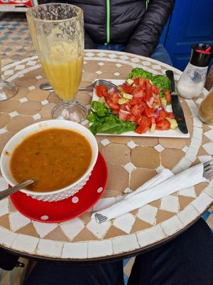 Moroccon soup and salad at Shyadma's Vegan Food in Essaouira