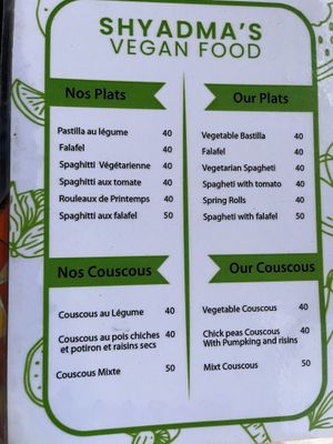 Couscous menu and other dishes  at Shyadma's Vegan Food in Essaouira