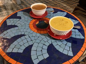 Bean soup on right, Moroccan harira soup left  at Shyadma's Vegan Food in Essaouira