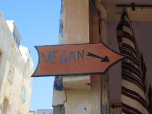 Follow this sign from Rue Laalouj! at Shyadma's Vegan Food in Essaouira