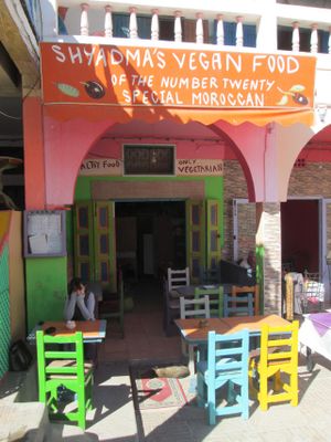 On the left as you enter the square from Rue Laalouj at Shyadma's Vegan Food in Essaouira
