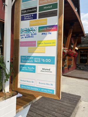 Menu board with a few DF/V options  at Lovely Ice Cream in Canmore