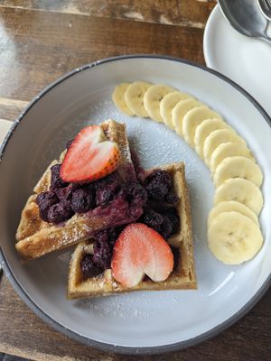 waffles with berries and banana at VEGANERIE Street - วงเวียนใหญ่ in Bangkok