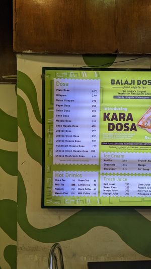 Menu at Balaji Dosai in Kandy