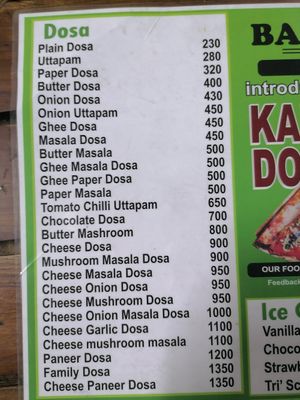 Menu at Balaji Dosai in Kandy