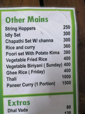 Menu at Balaji Dosai in Kandy