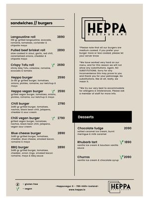 Menu at Heppa Restaurant in Hofn I Hornafirdi