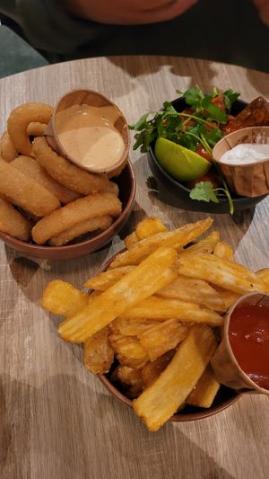Onion rings, buffalo tofu, fries at Heppa Restaurant in Hofn I Hornafirdi