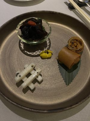 Marinated yam, spring roll, black fungus  at Rùn in Hong Kong Island
