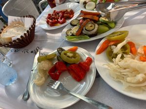 Plates of pickles, grilled vegetables, salad, fried peppers, and bread.  at Restorant Leza in Lin