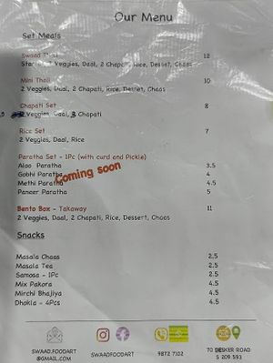 menu at Swaad Art of Saatvik Food. - Shenton Way in Central Singapore