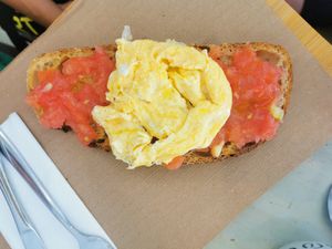 Tomato toast plus egg at La Aldea Cafe Bar in Conil De La Frontera