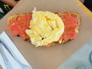 Tomato toast plus egg at La Aldea Cafe Bar in Conil De La Frontera