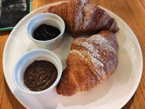 Vegan croissant with chocolate dip and blueberry jam at Salvator Boutique Hotel in Prague