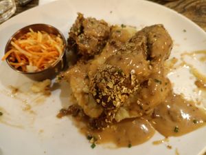 Skirlie Vegetarian Sausage and Olive Oil Mash - had eaten a good portion before taking the photo, oops! at Makars Mash Bar - Edinburgh in Edinburgh